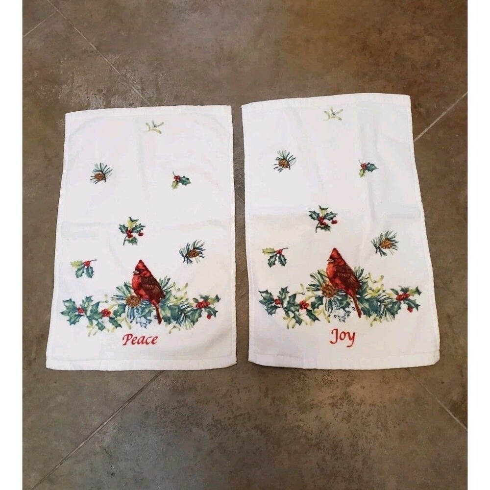 Lenox Holiday Tea Fingertip Towels Red Cardinal Xmas Peace Joy 100% Cotton 2Pk